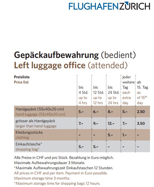 チューリッヒ空港荷物預かり価格