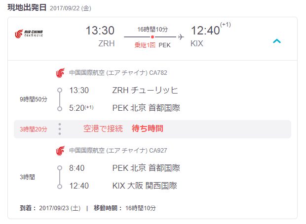 チューリッヒから関西空港へ