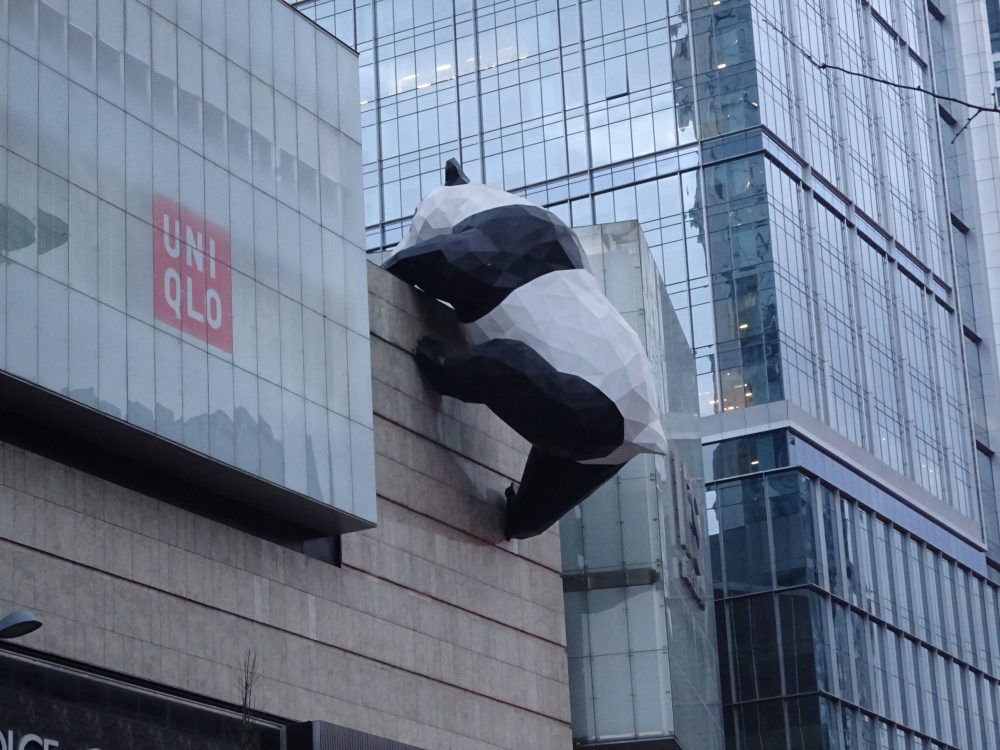 巨大パンダがビルを登る