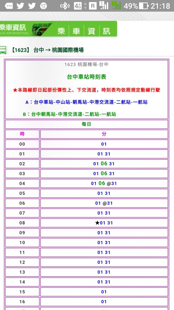 台中発桃園国際空港UBUSの時刻表