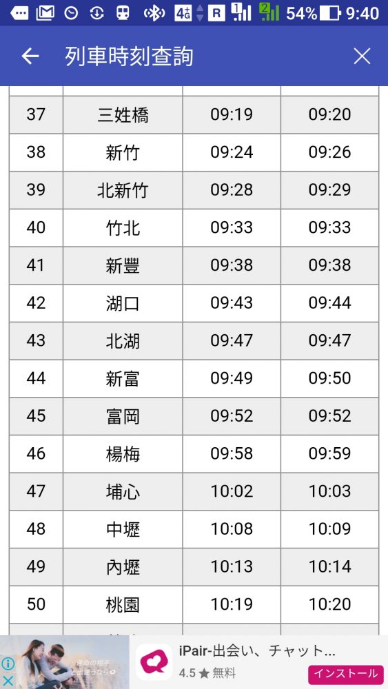 桃園までの時刻表