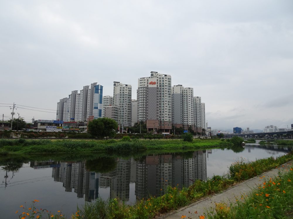 川面に写る大邱の高層住宅