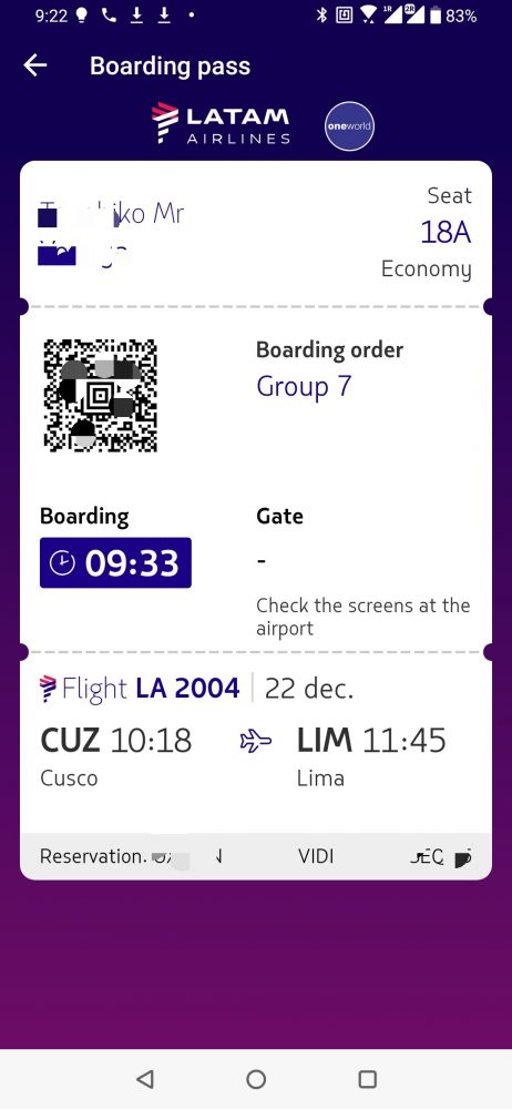 LATAMスマホボーディングパス